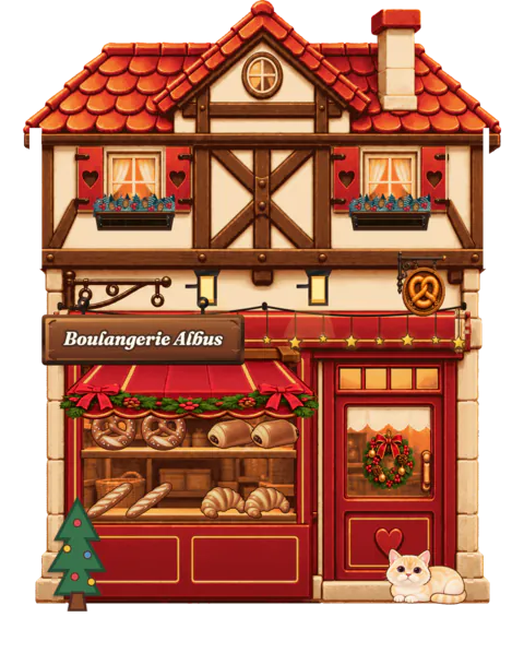 크리스마스의 Boulangerie Albus: 가랜드로 장식한 차양, 솔가지 화단, 쇼윈도 위의 별 조명, 문 옆의 리스와 작은 크리스마스트리.