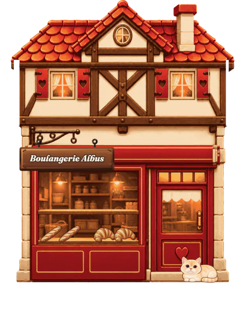 물려받은 그대로의 Boulangerie Albus: 빨간 덧창이 달린 목조 골조 집, 나무 간판, 창가의 바게트와 크루아상. 알버스가 문턱에 누워 있어요.