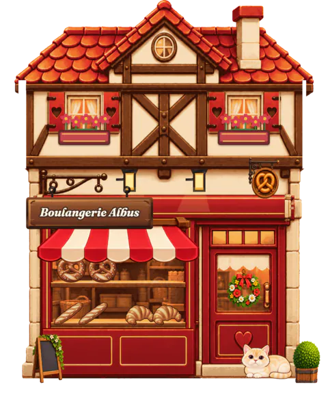 몇 주 뒤의 Boulangerie Albus: 빨간 제라늄 화단, 빨간색과 흰색 줄무늬 차양, 문에 건 꽃 리스, 간판 위 조명, 금빛 프레첼 문장.