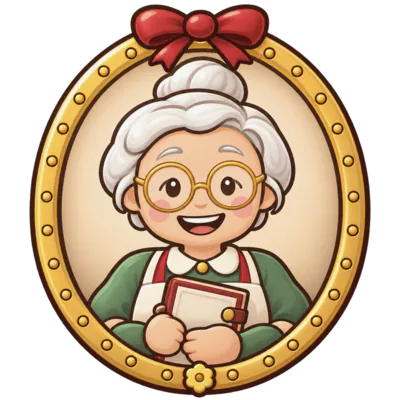 Tante Odile in an oval gold frame: white hair in a bun, round glasses, a floury apron and a warm smile.