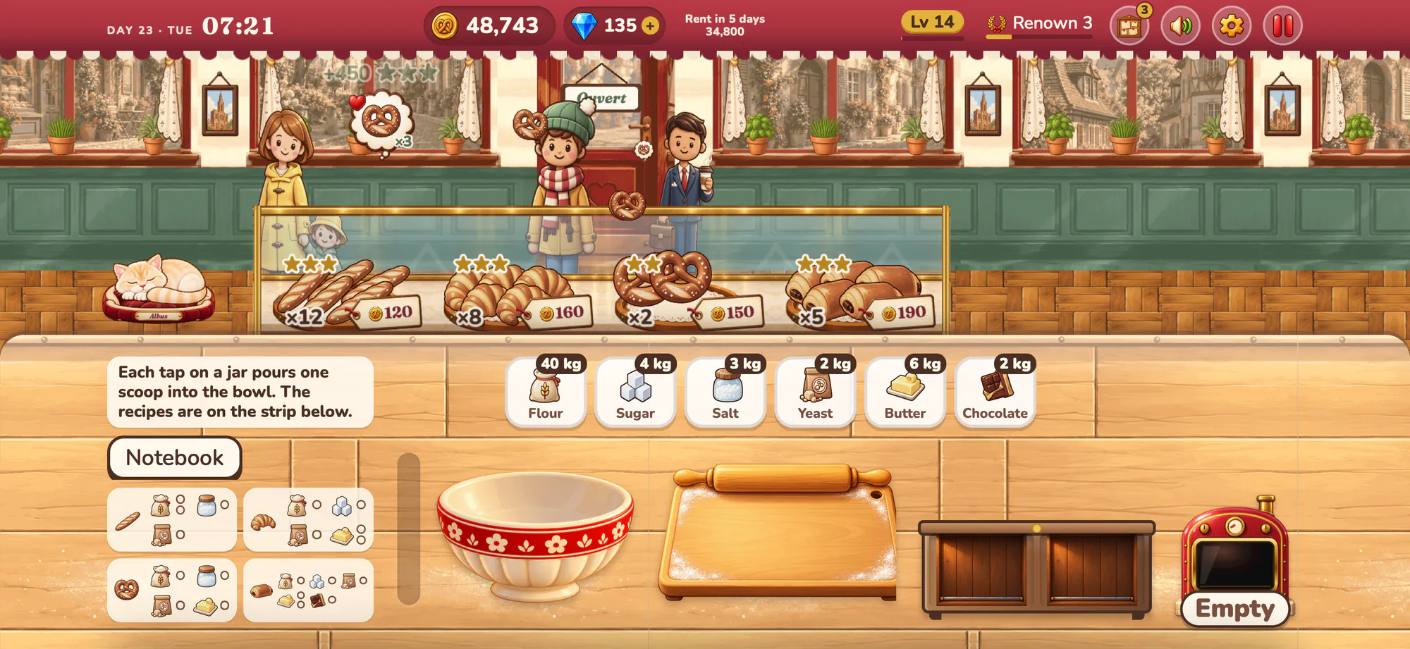 Albus Bakery screenshot: Seven o’clock: the door is open