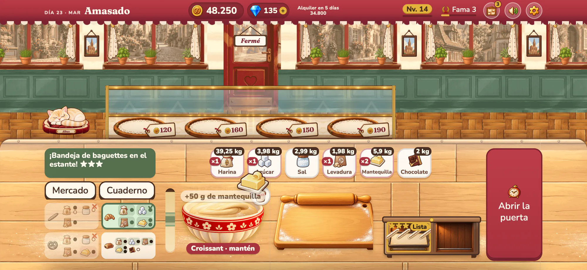 Captura de pantalla de Albus Bakery: Amasando en la mesa de trabajo