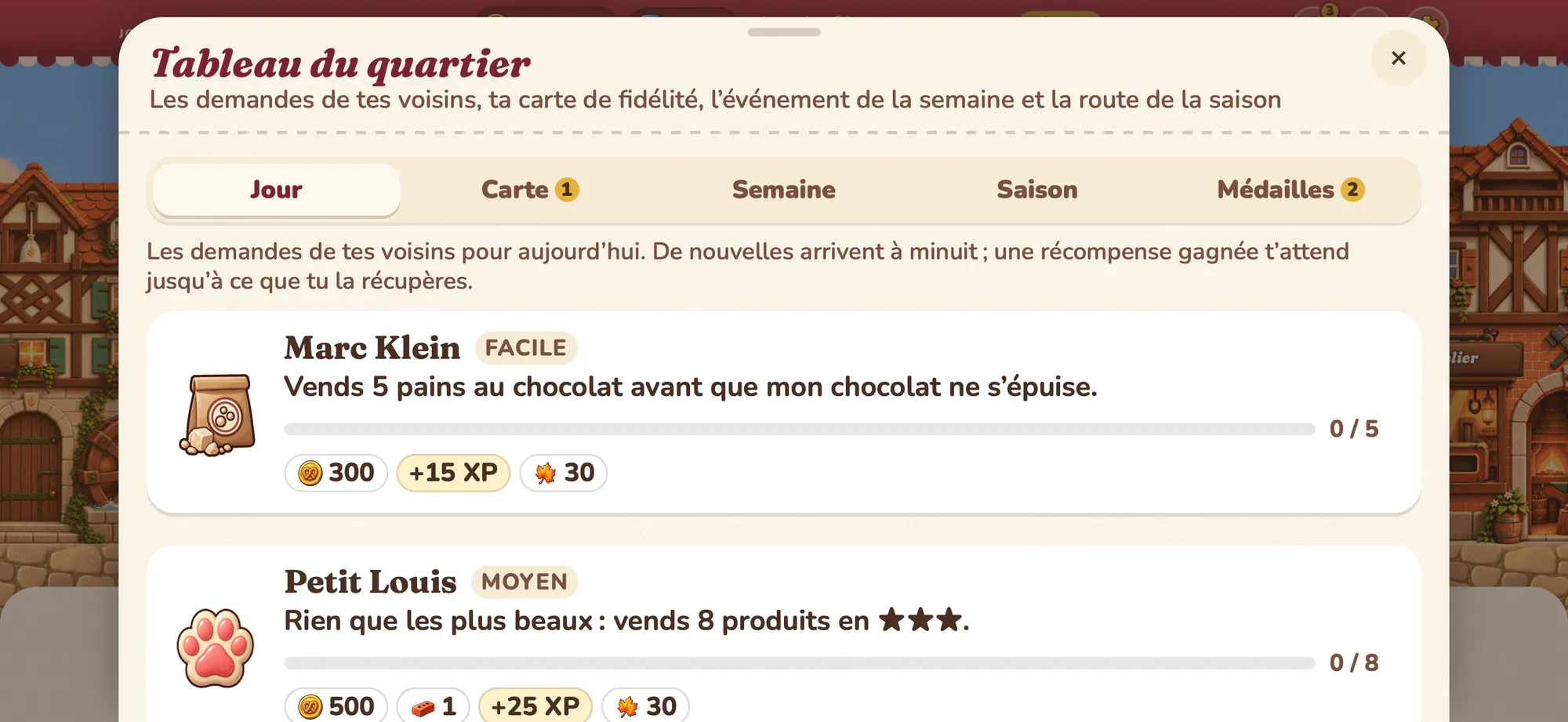 Albus Bakery, capture d’écran : Le tableau du quartier