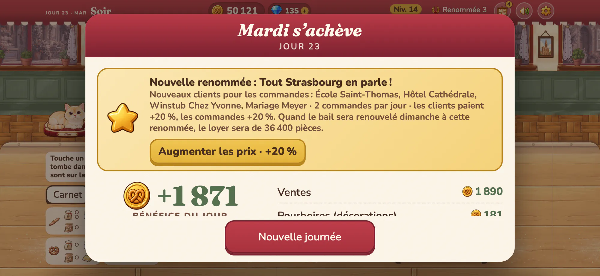 Albus Bakery, capture d’écran : Le bilan du soir